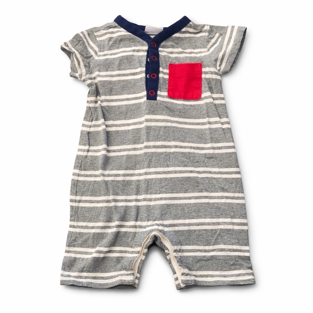 Hanna Andersson Baby Romper Striped Gray Navy Red Pocket size 75 12-18 months